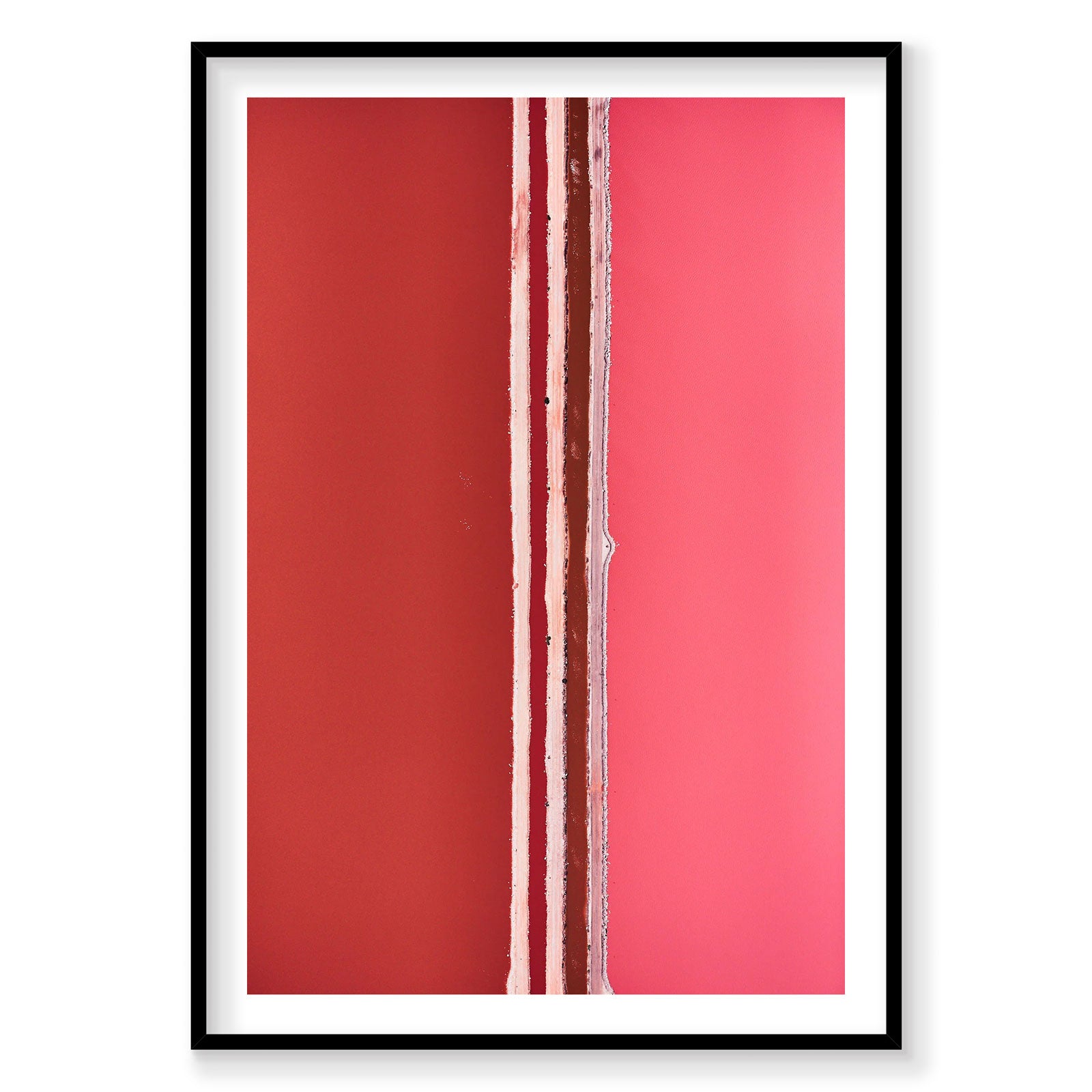 Aerial view of Hutt Lagoon salt divide in red and pink hues from above, photography print by Remy Gerega