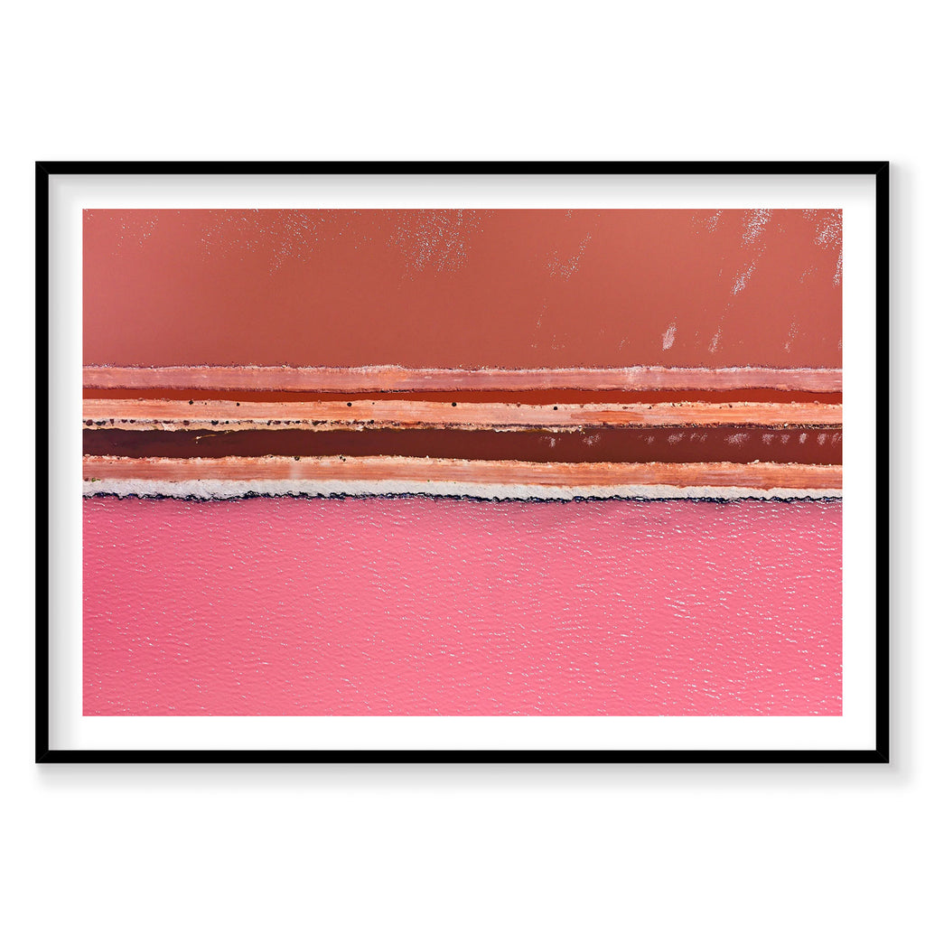 Aerial view of pink and red salt lakes with geometric striped patterns at Hutt Lagoon, photography print by Remy Gerega
