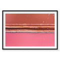 Aerial view of pink and red salt lakes with geometric striped patterns at Hutt Lagoon, photography print by Remy Gerega