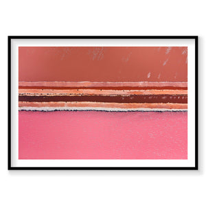 Aerial view of pink and red salt lakes with geometric striped patterns at Hutt Lagoon, photography print by Remy Gerega