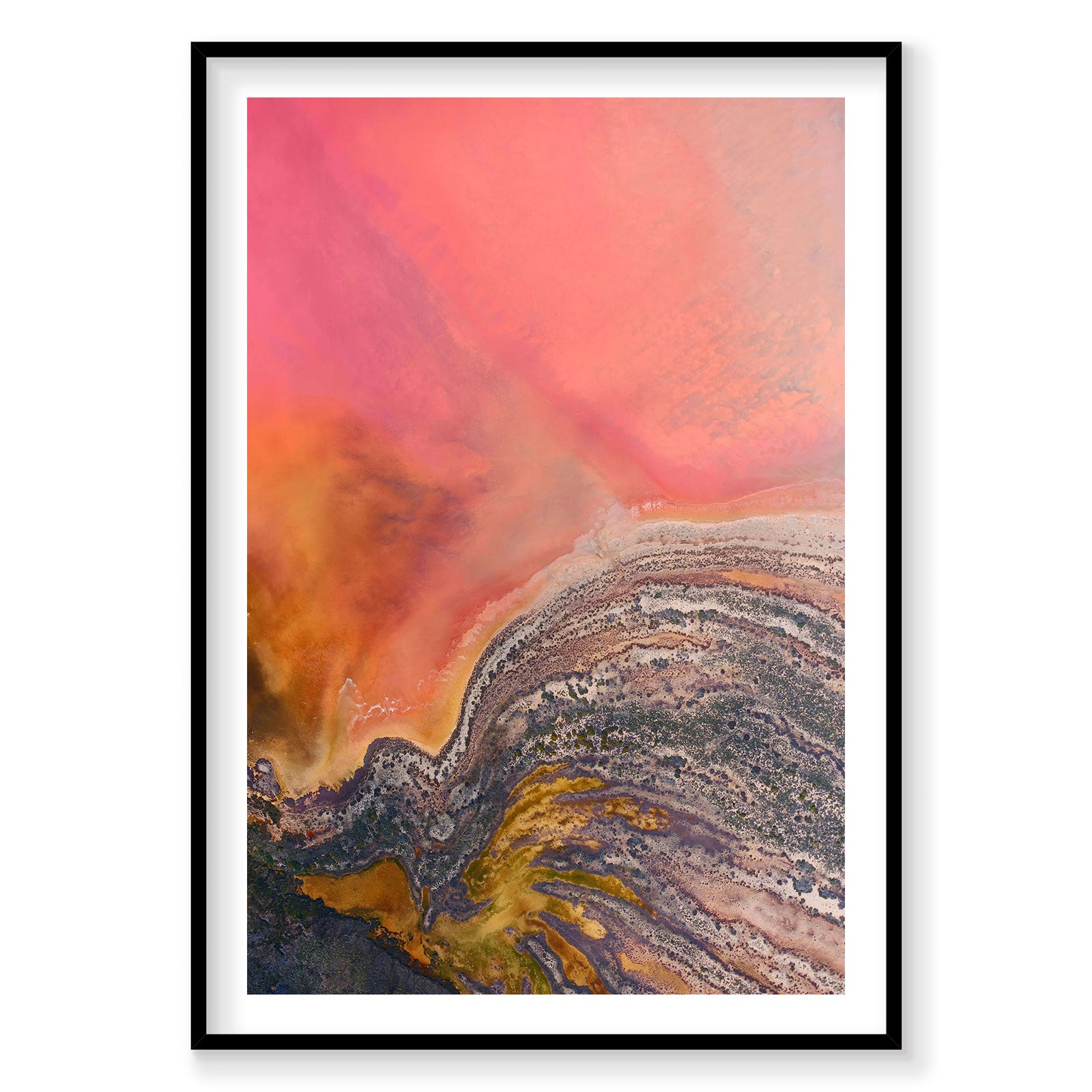 Aerial view of vibrant pink and orange Hutt Lagoon with mineral patterns, photography print by Remy Gerega