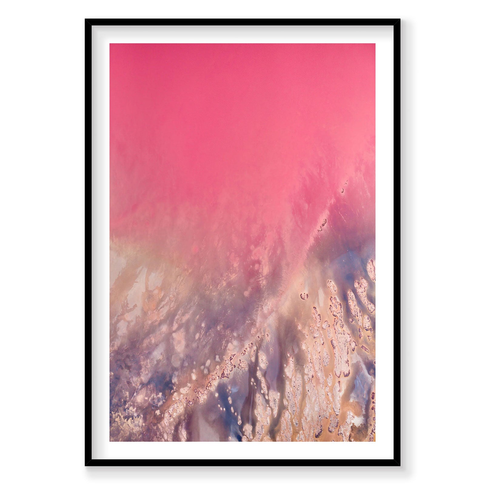 Aerial view of pink Hutt Lagoon with salt crystalline formations, Western Australia, photography print by Remy Gerega