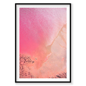 Aerial view of pink Hutt Lagoon with glittering salt formations, Western Australia, photography print by Remy Gerega