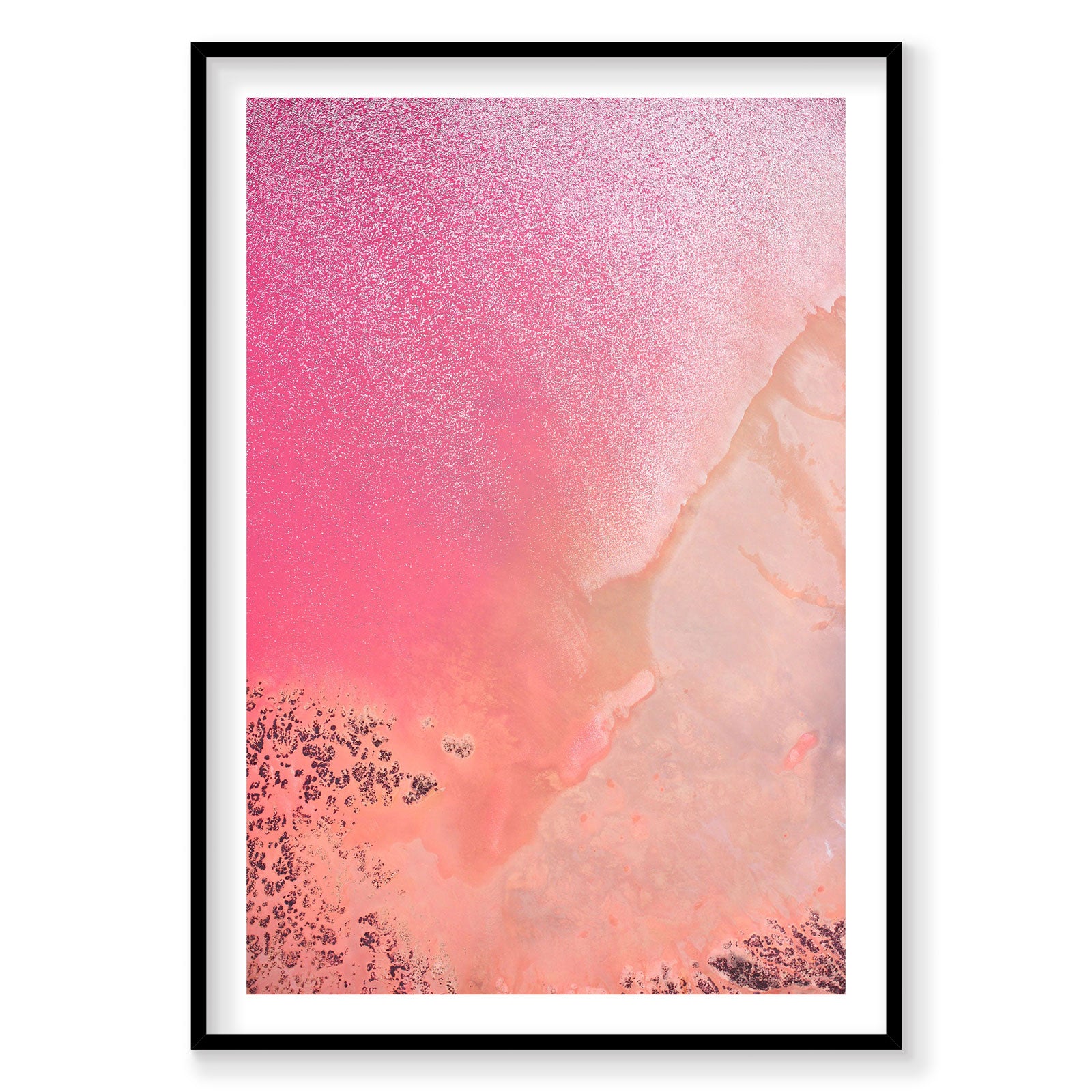 Aerial view of pink Hutt Lagoon with glittering salt formations, Western Australia, photography print by Remy Gerega