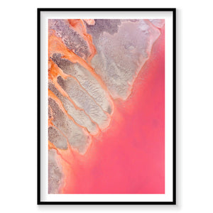 Aerial view of pink and orange mineral streams in Hutt Lagoon, photography print by Remy Gerega