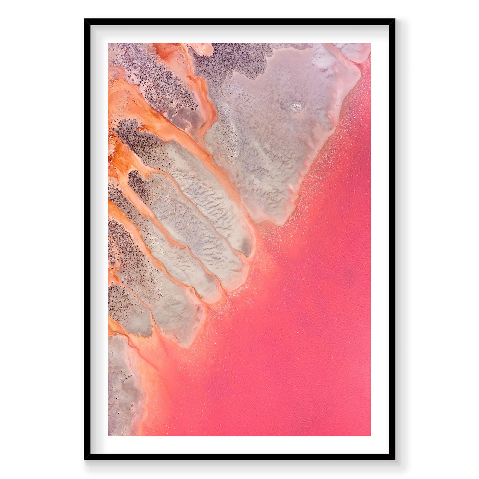 Aerial view of pink and orange mineral streams in Hutt Lagoon, photography print by Remy Gerega