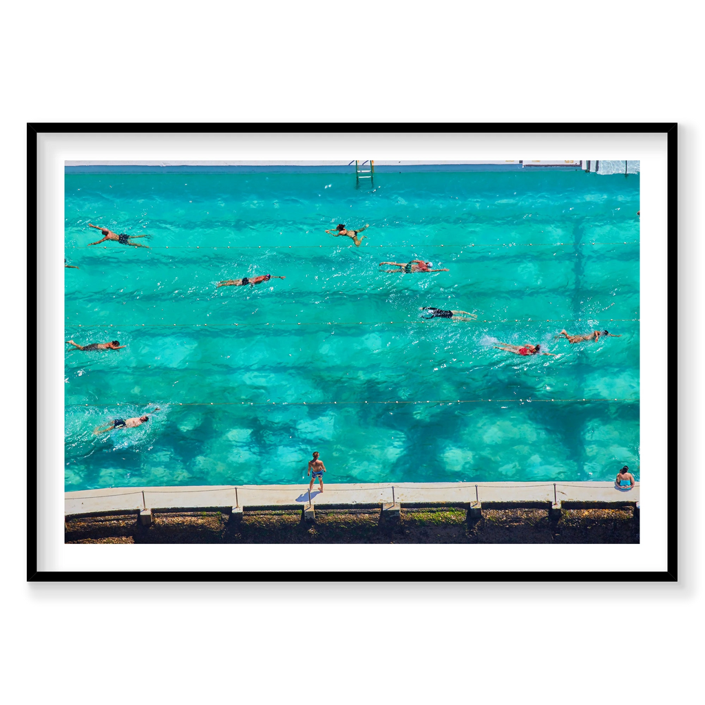 Icebergs Swimmers, Horizontal Print, black Victorian Ash frame