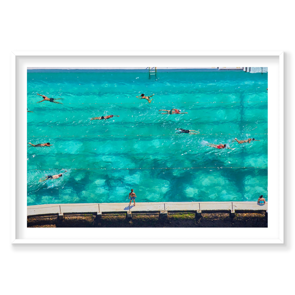 Icebergs Swimmers, Horizontal Print, white Victorian Ash frame