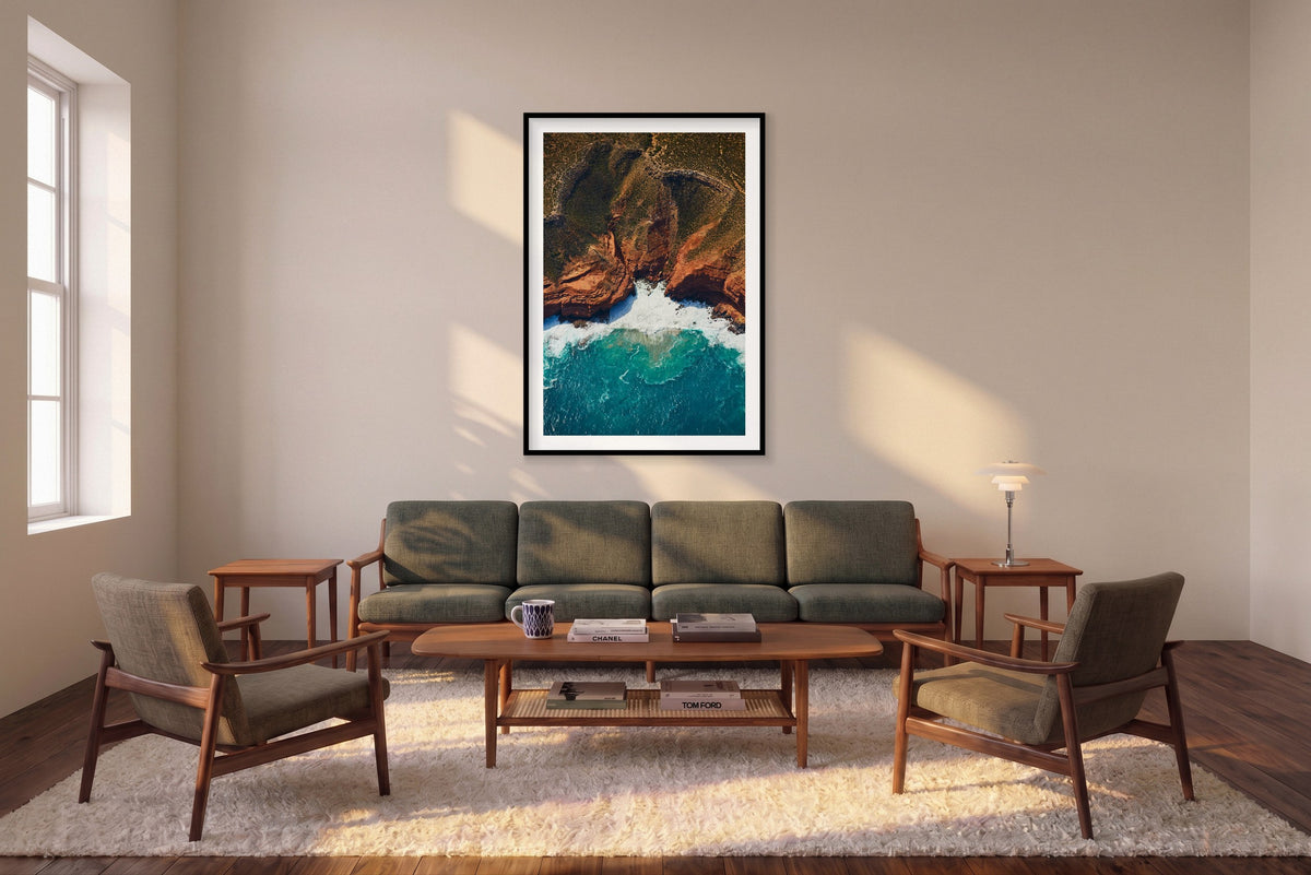 Jagged Edges, Kalbarri, Vertical Print shown framed in a living room