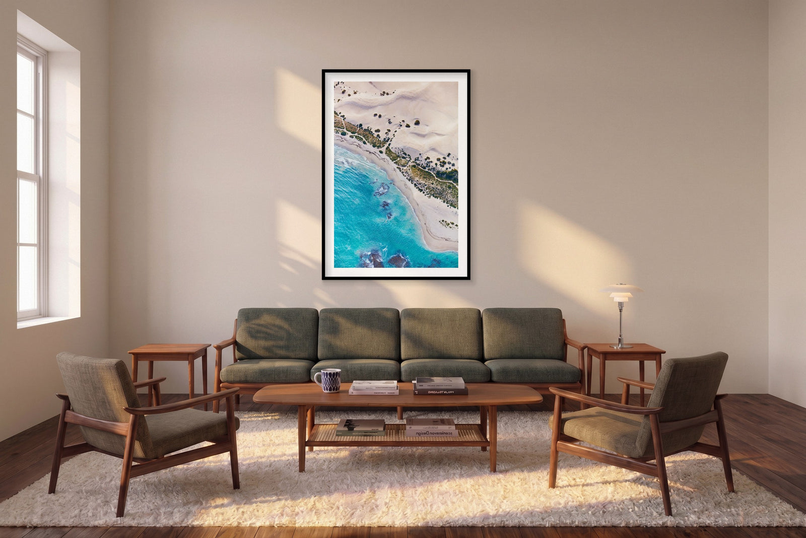 Blue Coast, Kalbarri, Vertical Print shown framed in a living room
