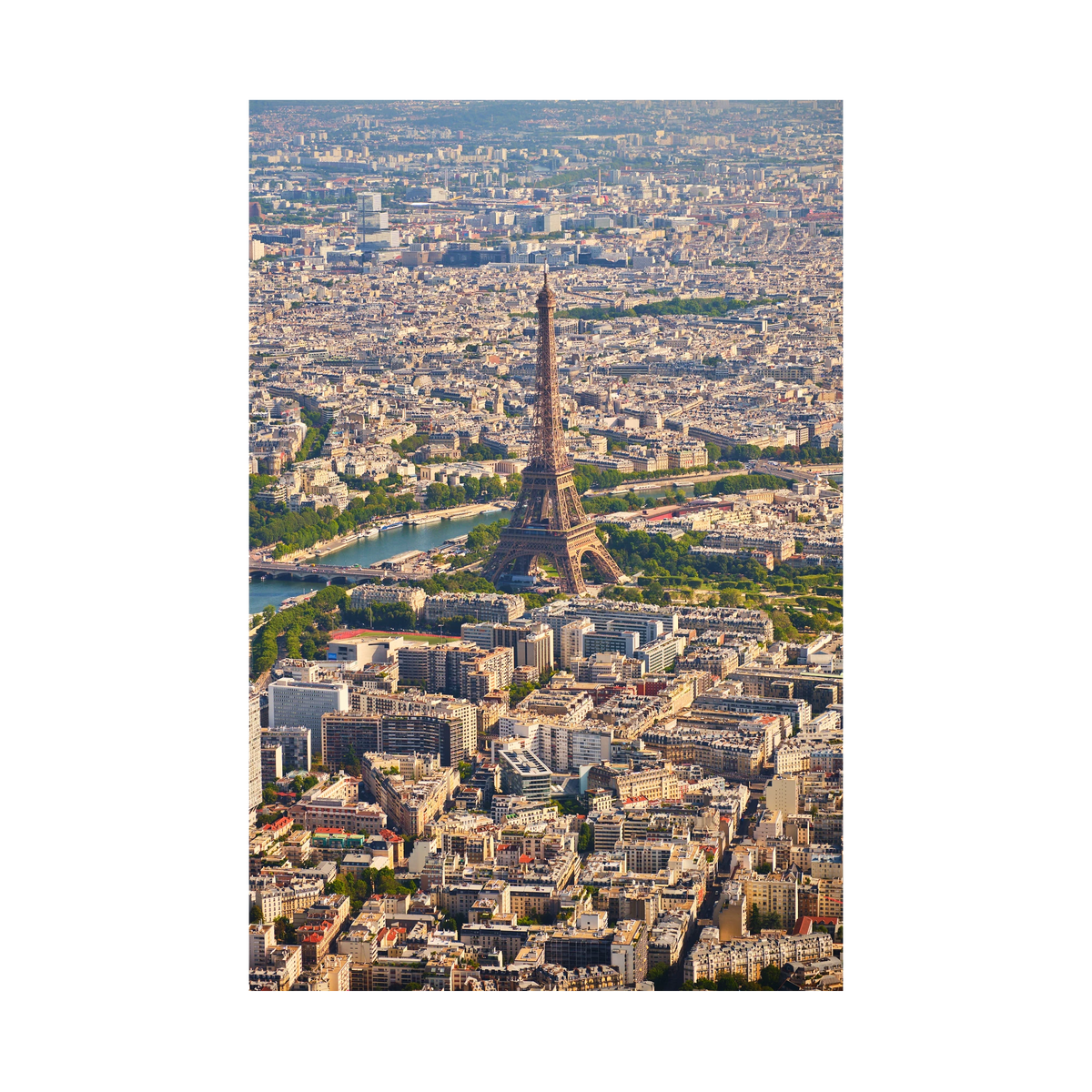 Vertical aerial photograph of the Eiffel Tower, the Seine and densely packed Paris rooftops extending into the distance; print only
