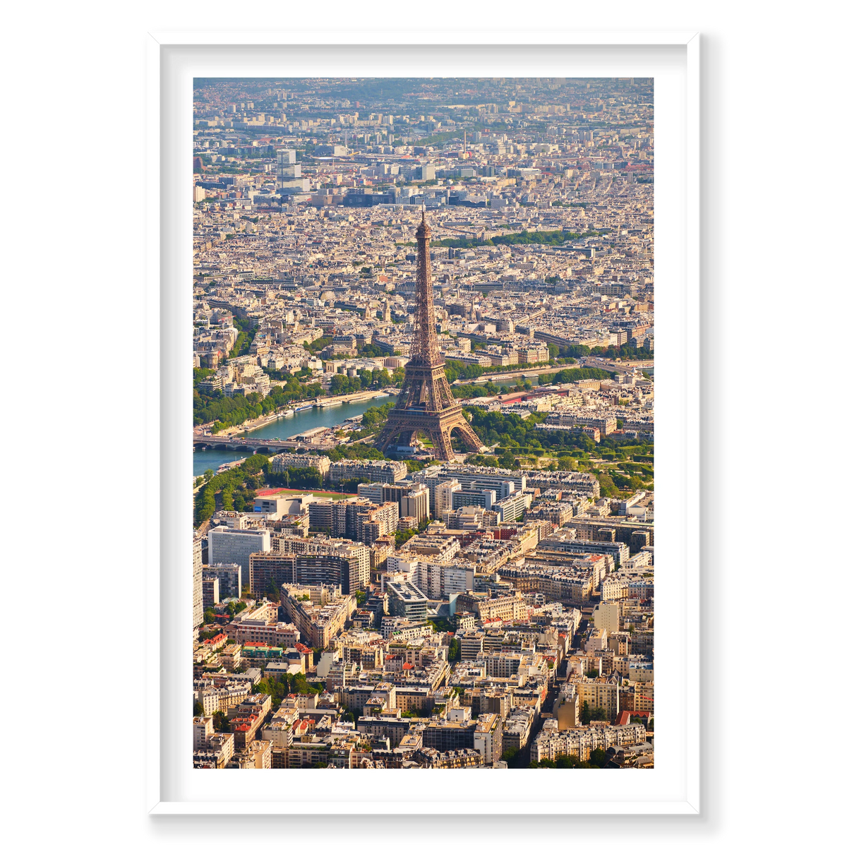 Vertical aerial photograph of the Eiffel Tower, the Seine and densely packed Paris rooftops extending into the distance; white frame
