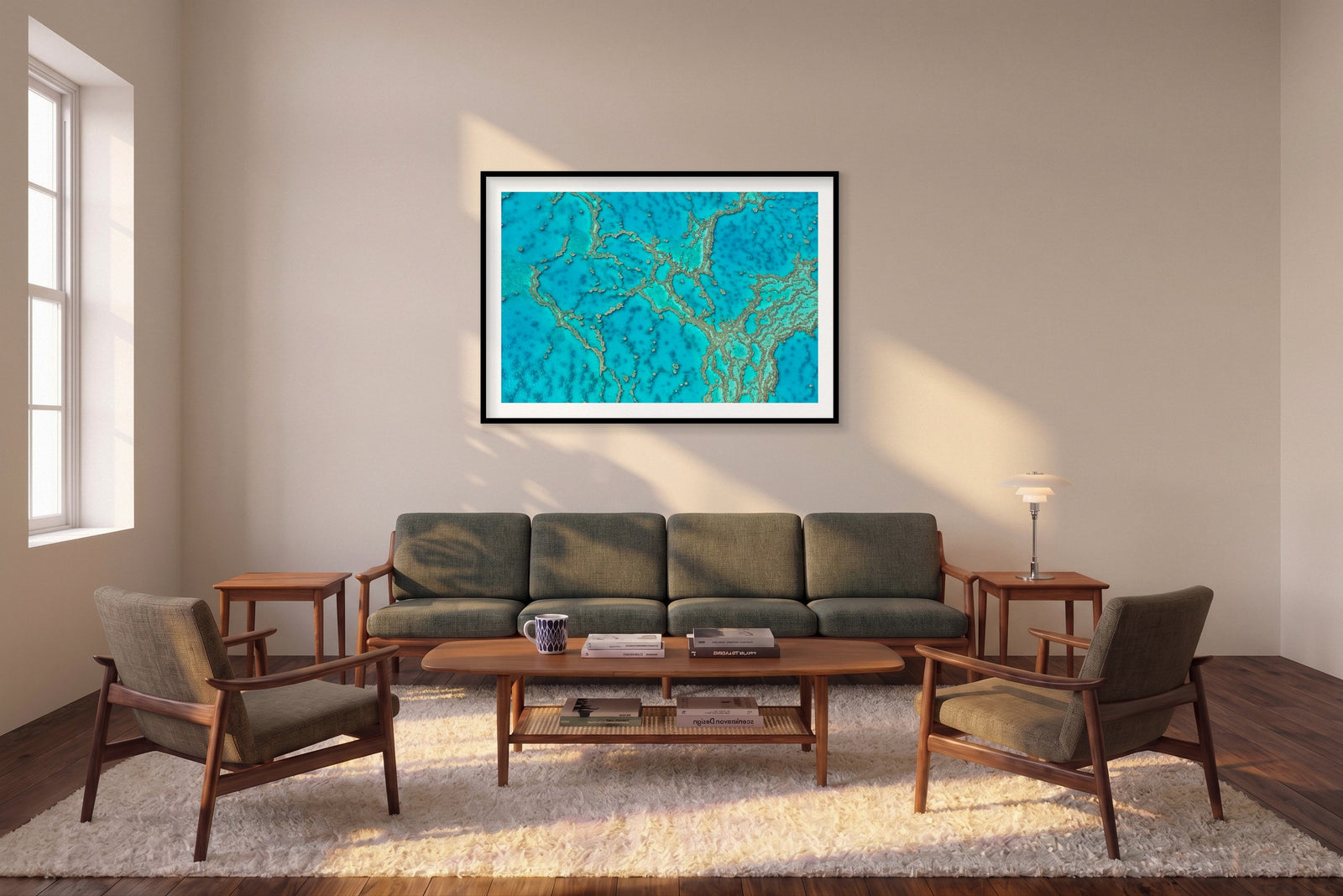 Lattice, Great Barrier Reef, Horizontal Print shown framed in a living room