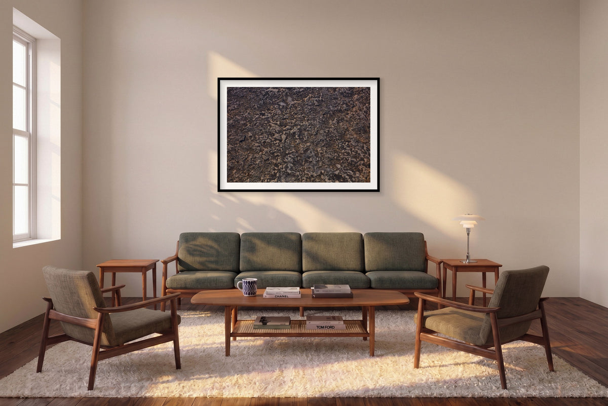 Lava Fields, Iceland, Horizontal Print shown framed in a living room