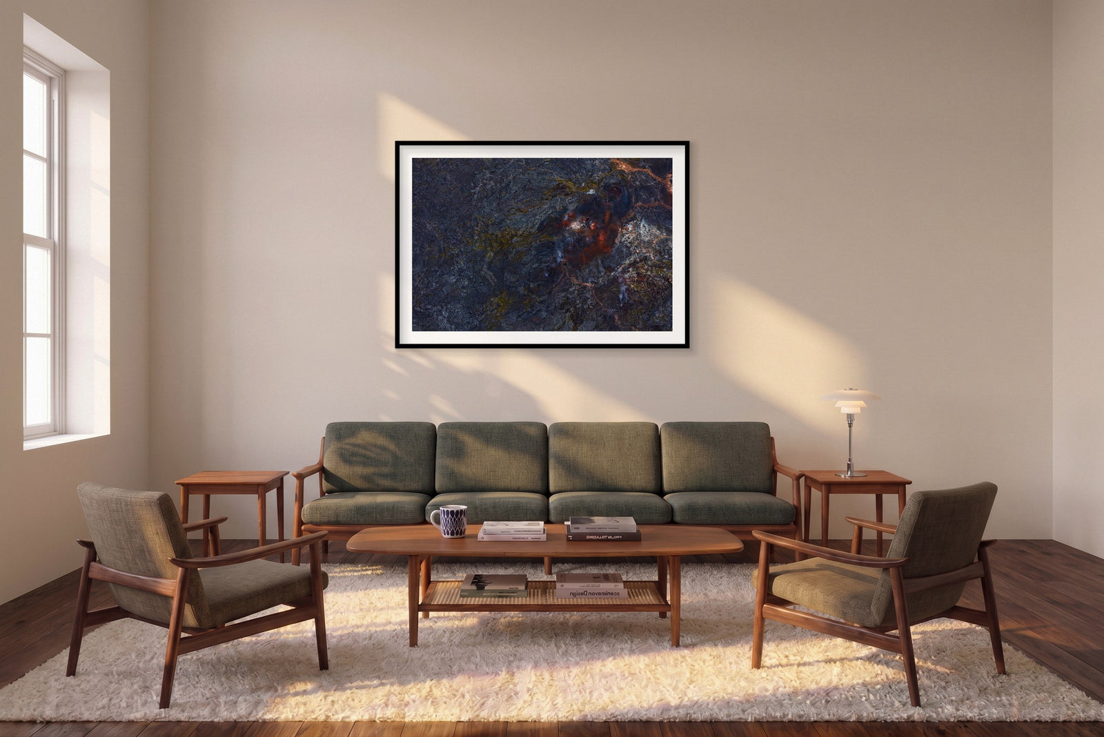 Volcanic, Iceland, Horizontal Print shown framed in a living room