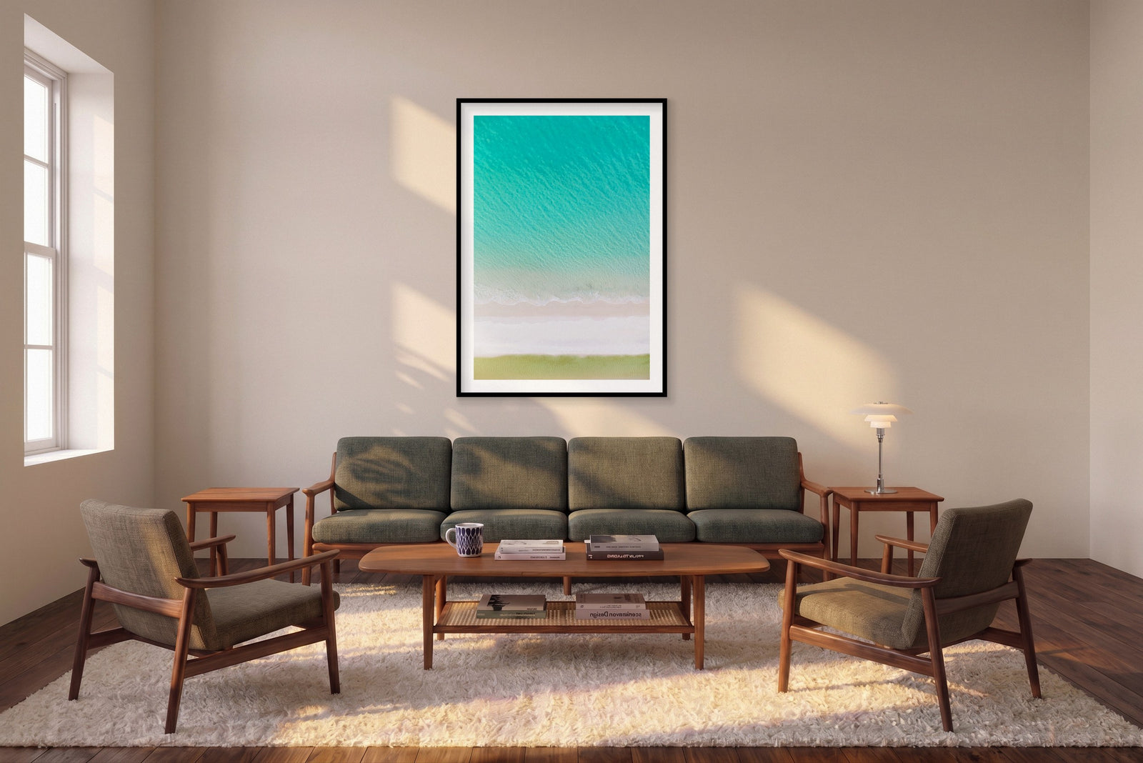 Layers, Whitehaven Beach, Vertical Print shown framed in a living room