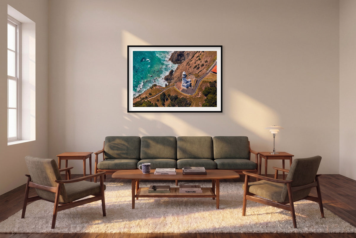 Light House, Byron Bay, Horizontal Print shown framed in a living room