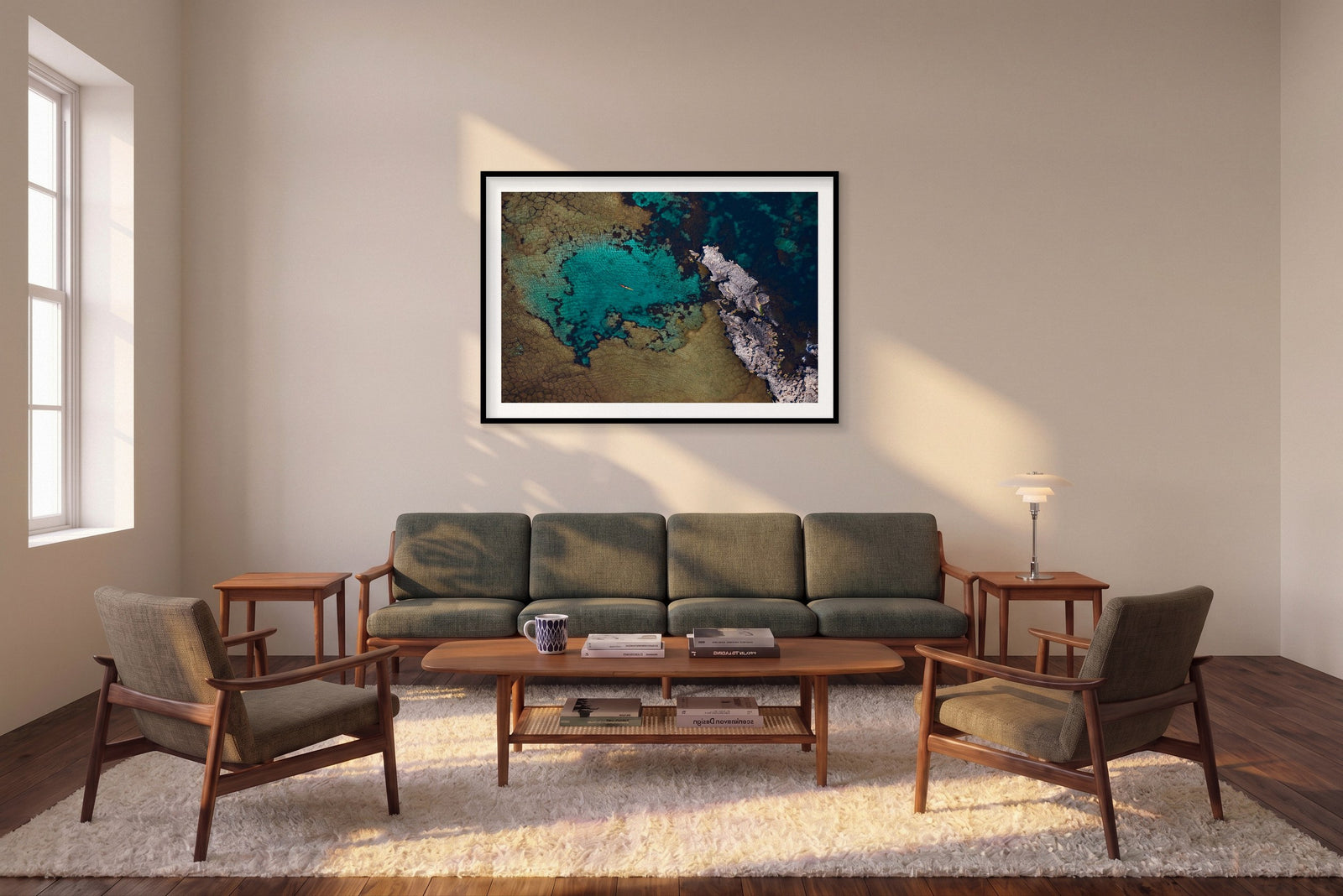 Lone Kayak, Rottnest Island, WA, Horizontal Print shown framed in a living room