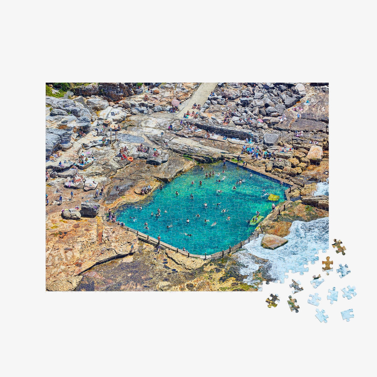 Aerial view of Mahon Pool's turquoise waters surrounded by rocky cliffs, 500 piece jigsaw puzzle by Remy Gerega