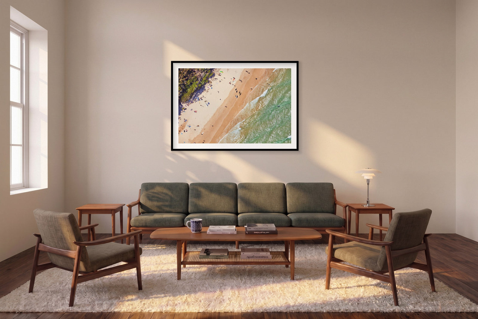 Main Beach, Byron Bay, Horizontal Print shown framed in a living room