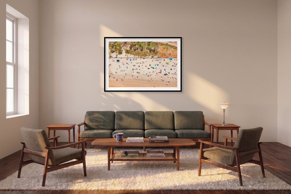 Main Beach, Byron Bay, Horizontal Print shown framed in a living room
