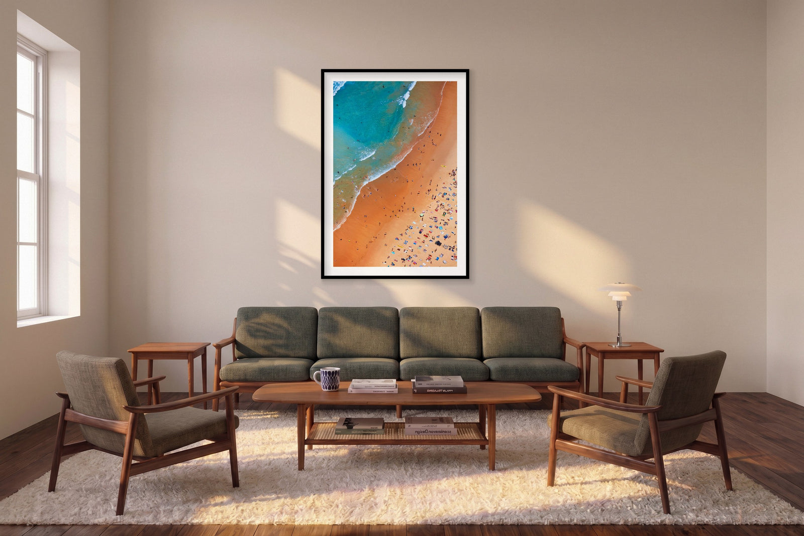 Manly Coastline, Vertical Print shown framed in a living room