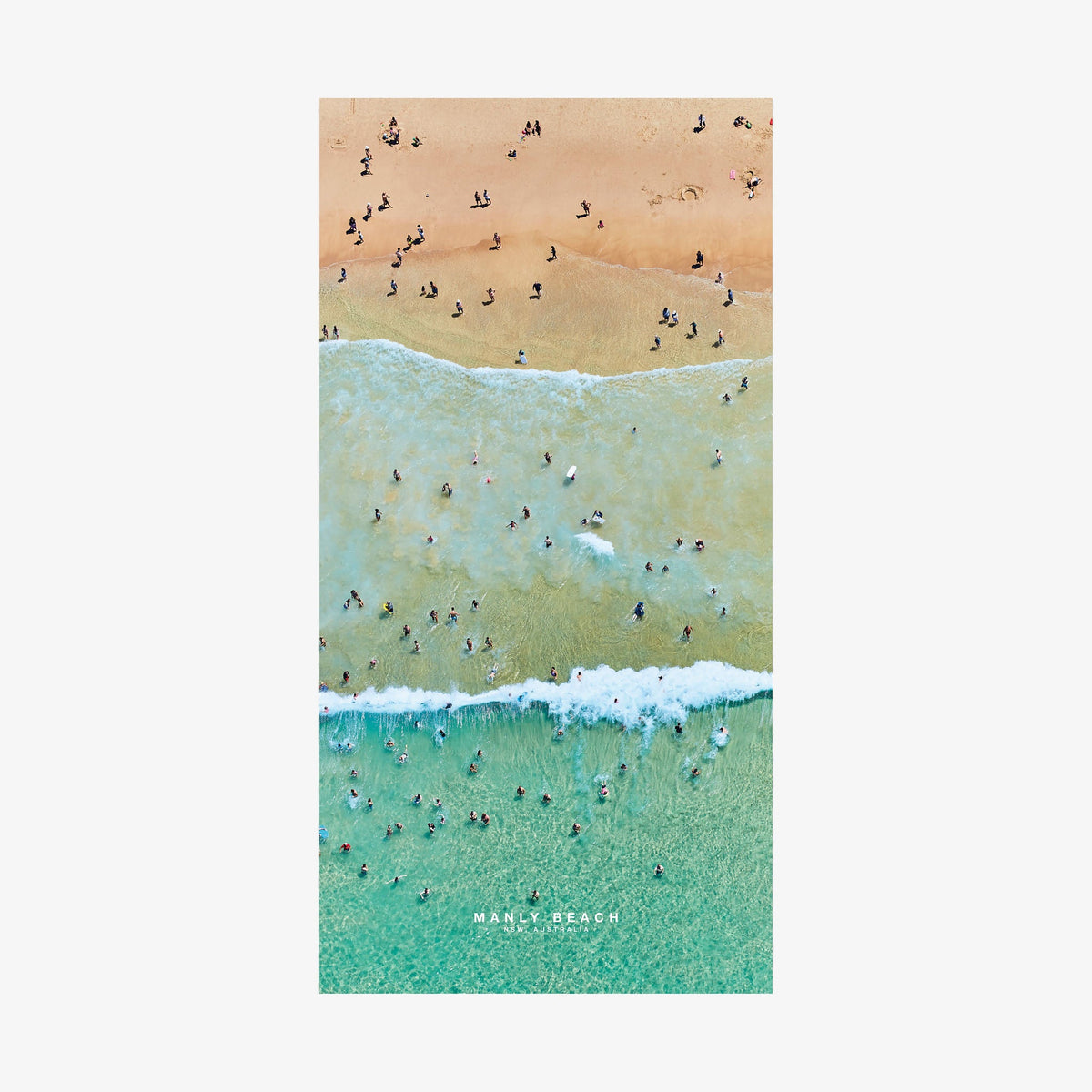 Aerial view of Manly Beach with swimmers and turquoise waves, NSW Australia, quick-dry beach towel by Remy Gerega