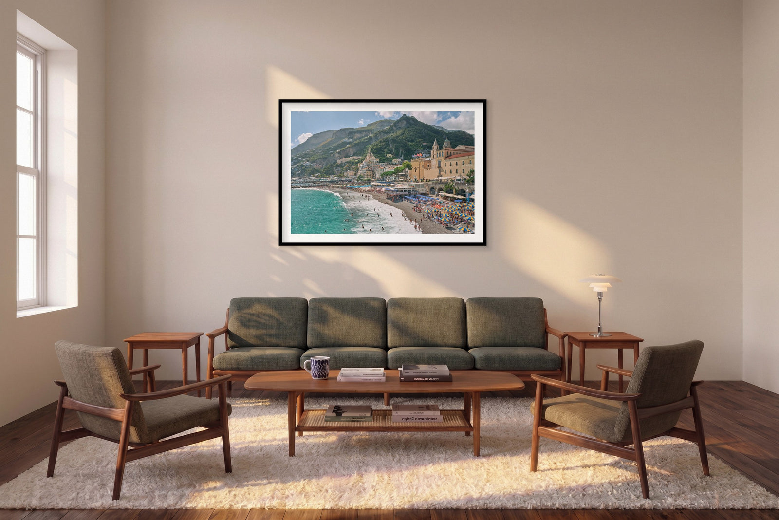 Mar Di Cobalto, Amalfi Coast, Horizontal Print shown framed in a living room