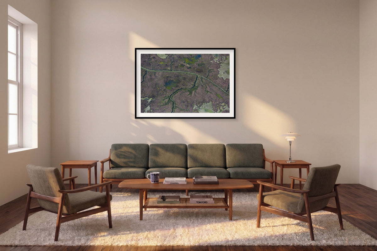 Marshland, San Francisco Bay, Horizontal Print shown framed in a living room