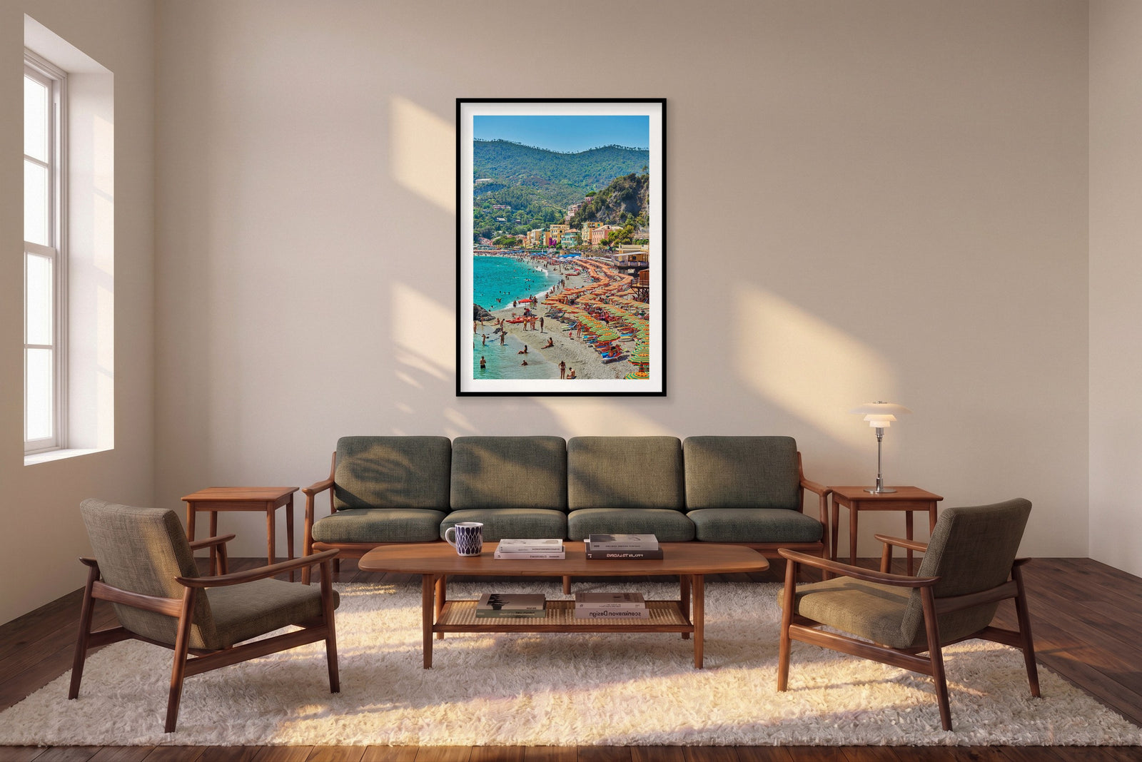 Monterosso al Mare, Cinque Terre, Vertical Print shown framed in a living room