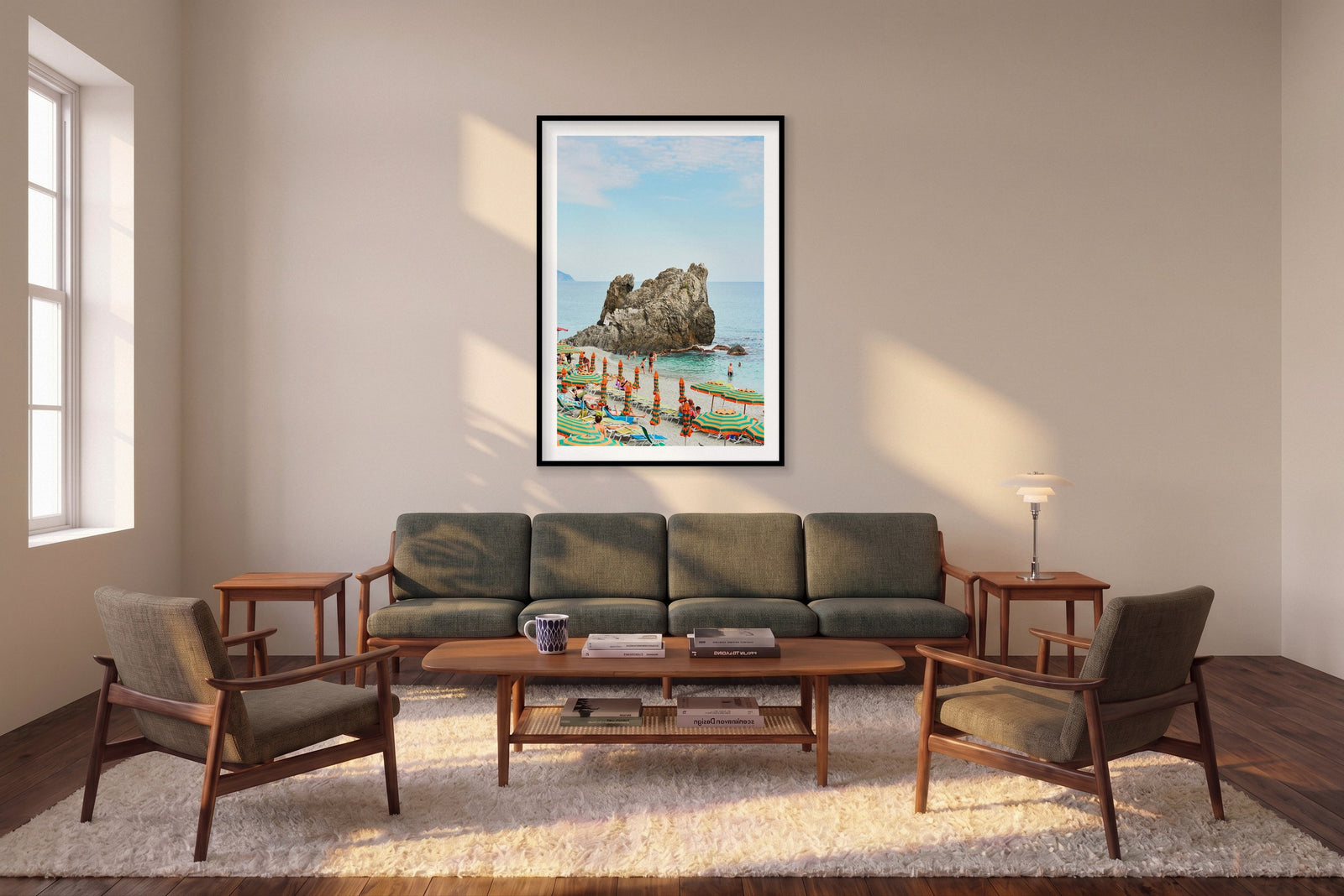 Monterosso Rock, Cinque Terre, Vertical Print shown framed in a living room
