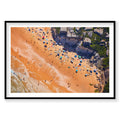 Aerial view of North Curl Curl Beach with golden sand, colorful umbrellas and swimmers, photography print by Remy Gerega