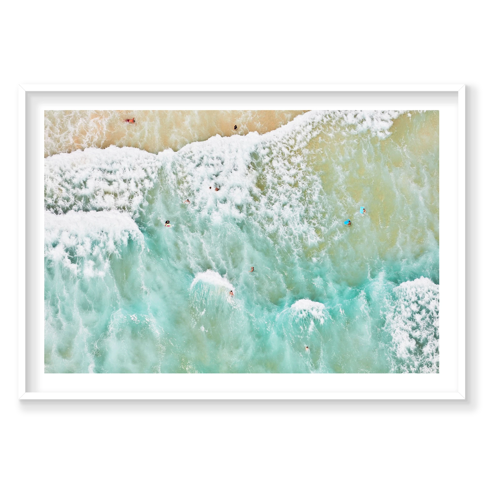 Ocean Swimmers, Byron Bay, Horizontal Print, white Victorian Ash frame