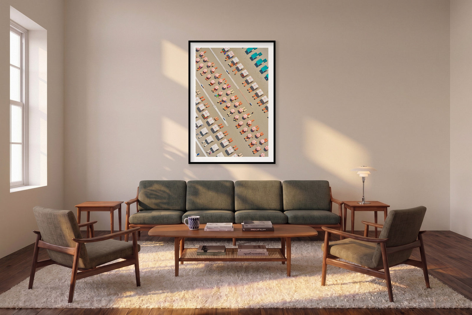 Orange Lounge Chairs, Italy, Vertical Print shown framed in a living room