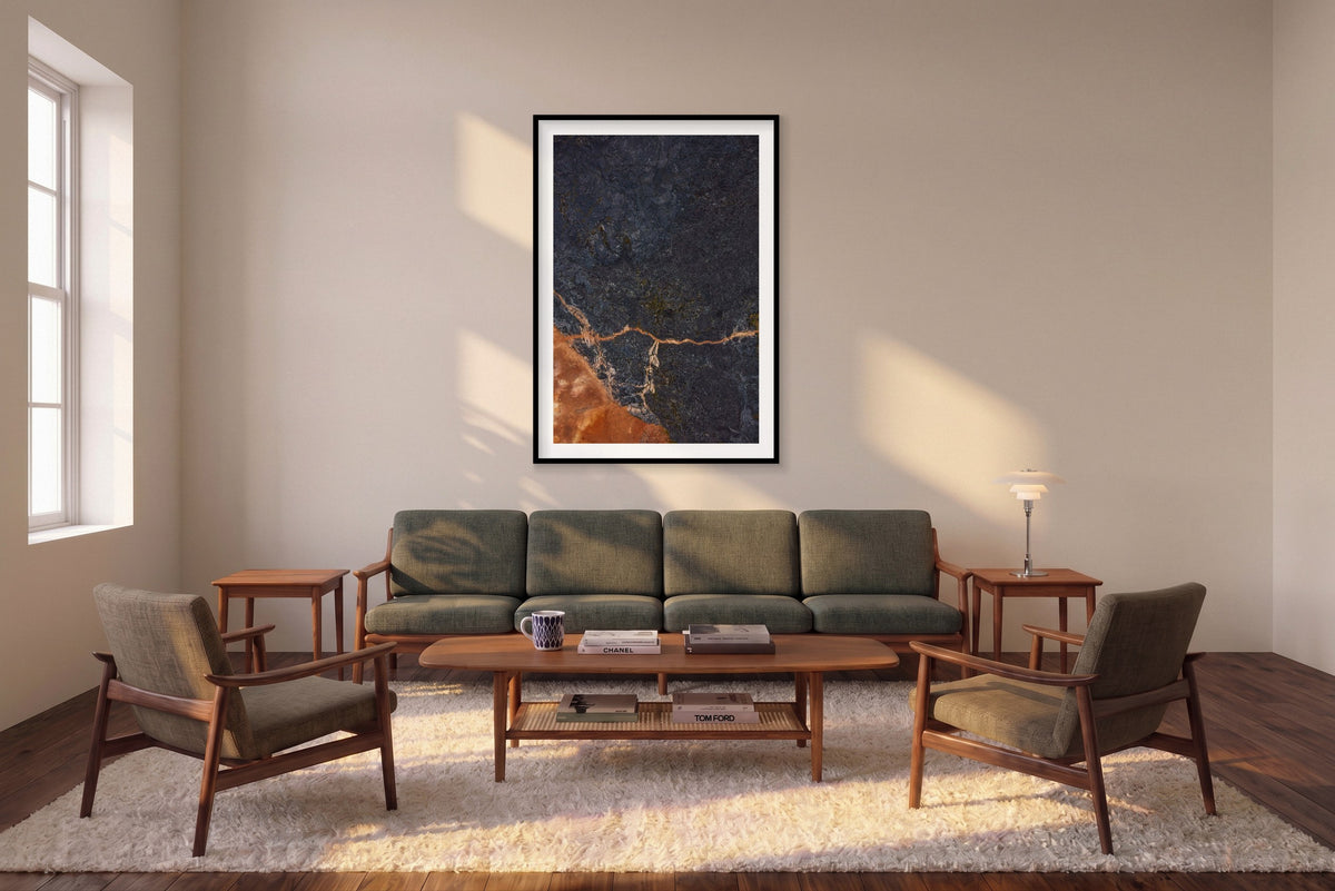 Orange Path, Iceland, Vertical Print shown framed in a living room