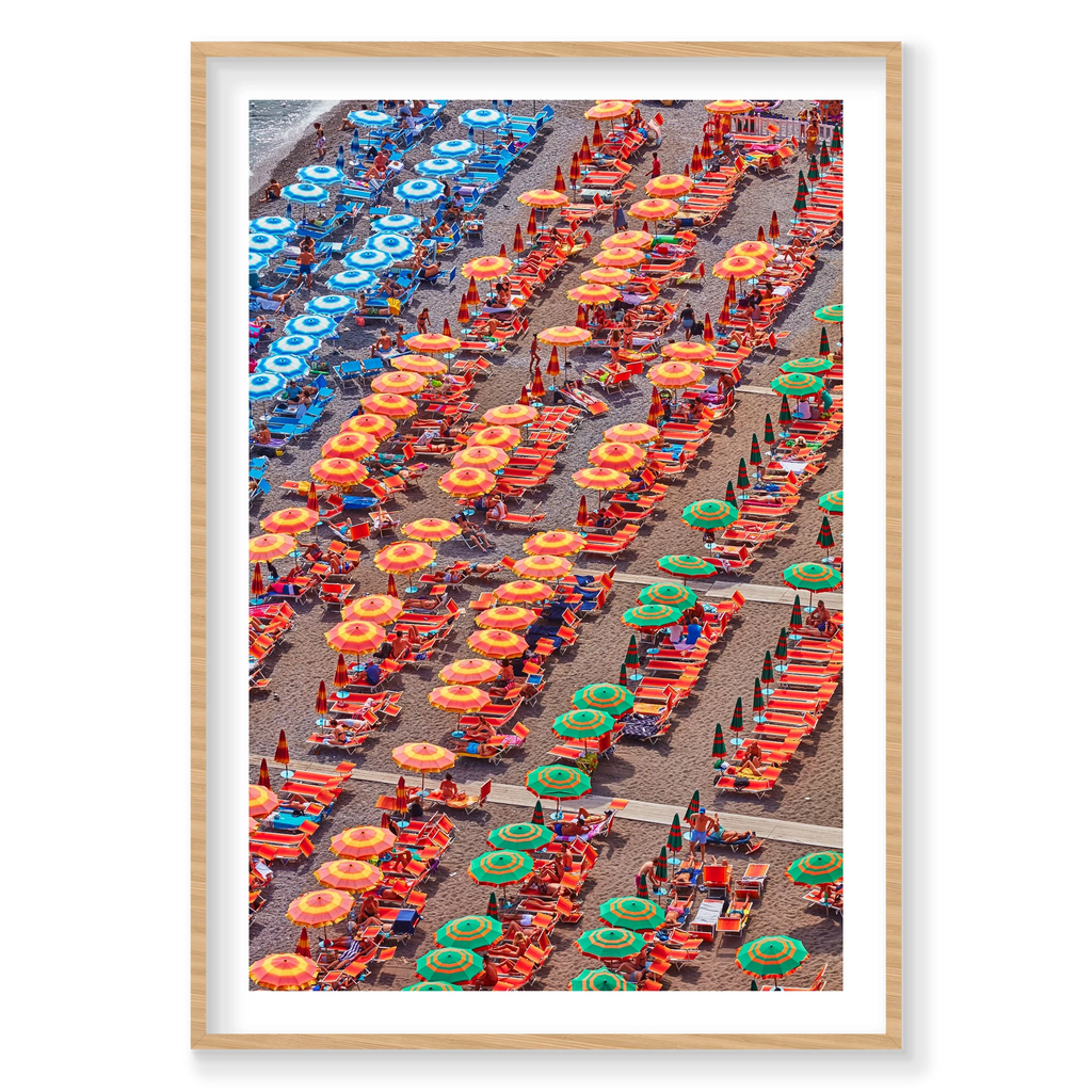 Orange Umbrellas Positano, Amalfi Coast, Vertical Print, natural Victorian Ash frame
