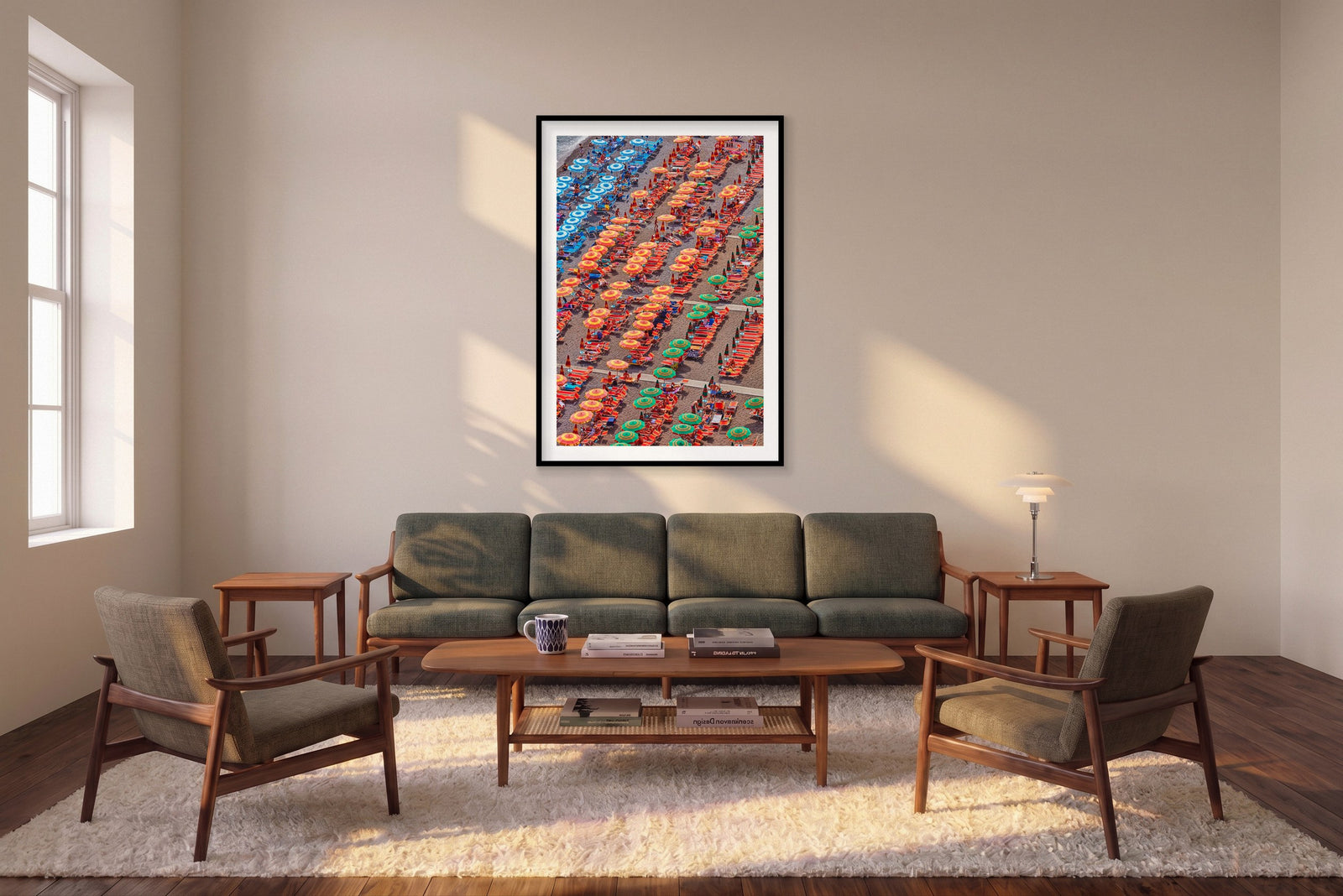 Orange Umbrellas Positano, Amalfi Coast, Vertical Print shown framed in a living room