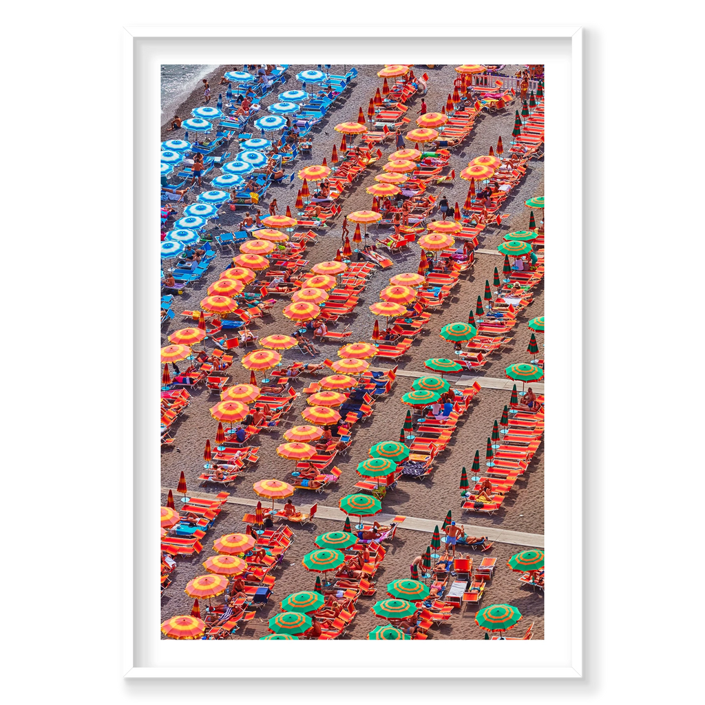 Orange Umbrellas Positano, Amalfi Coast, Vertical Print, white Victorian Ash frame