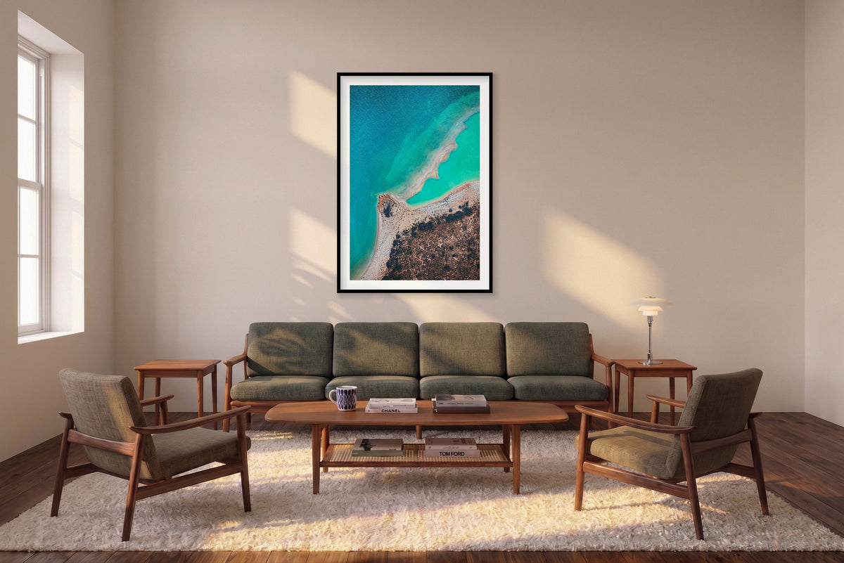 Pastels, Carrarang, Vertical Print shown framed in a living room