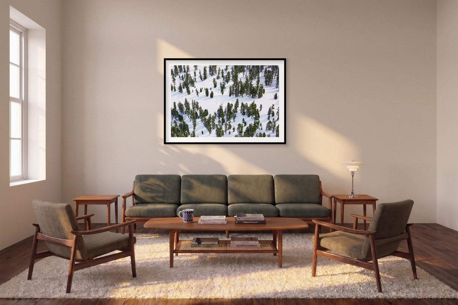 Pines, Lake Tahoe, Horizontal Print shown framed in a living room