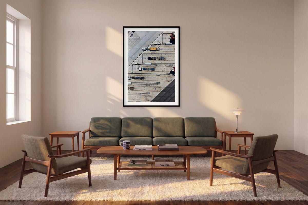 Pit Stop, Botany Bay, Vertical Print shown framed in a living room