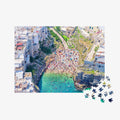 Aerial view of Polignano a Mare coastal cove with turquoise water and crowded beach,500 piece jigsaw puzzle by Remy Gerega
