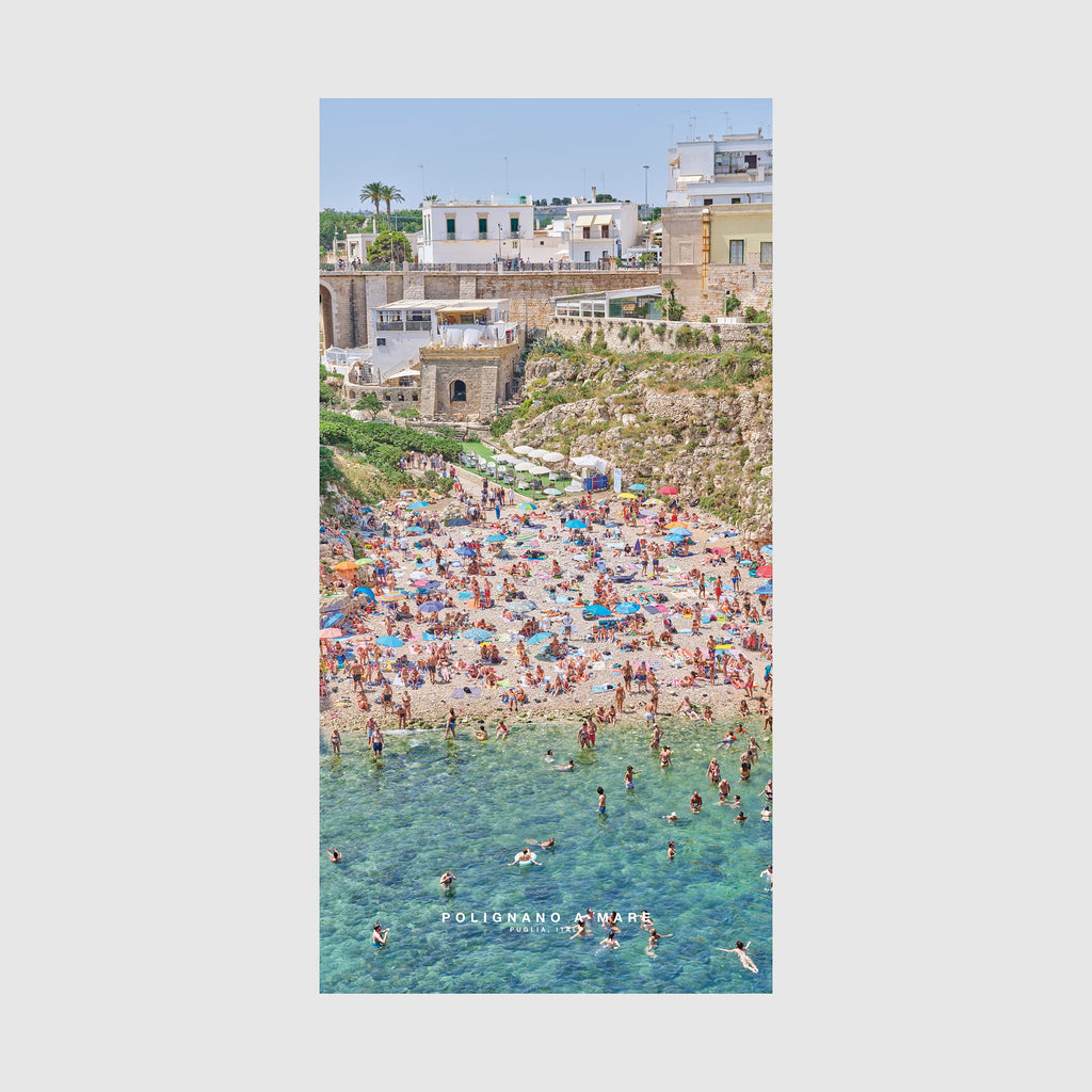 Polignano a Mare Italian beach aerial view with turquoise water and crowded sandy cove, quick-dry beach towel by Remy Gerega