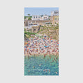 Polignano a Mare Italian beach aerial view with turquoise water and crowded sandy cove, quick-dry beach towel by Remy Gerega