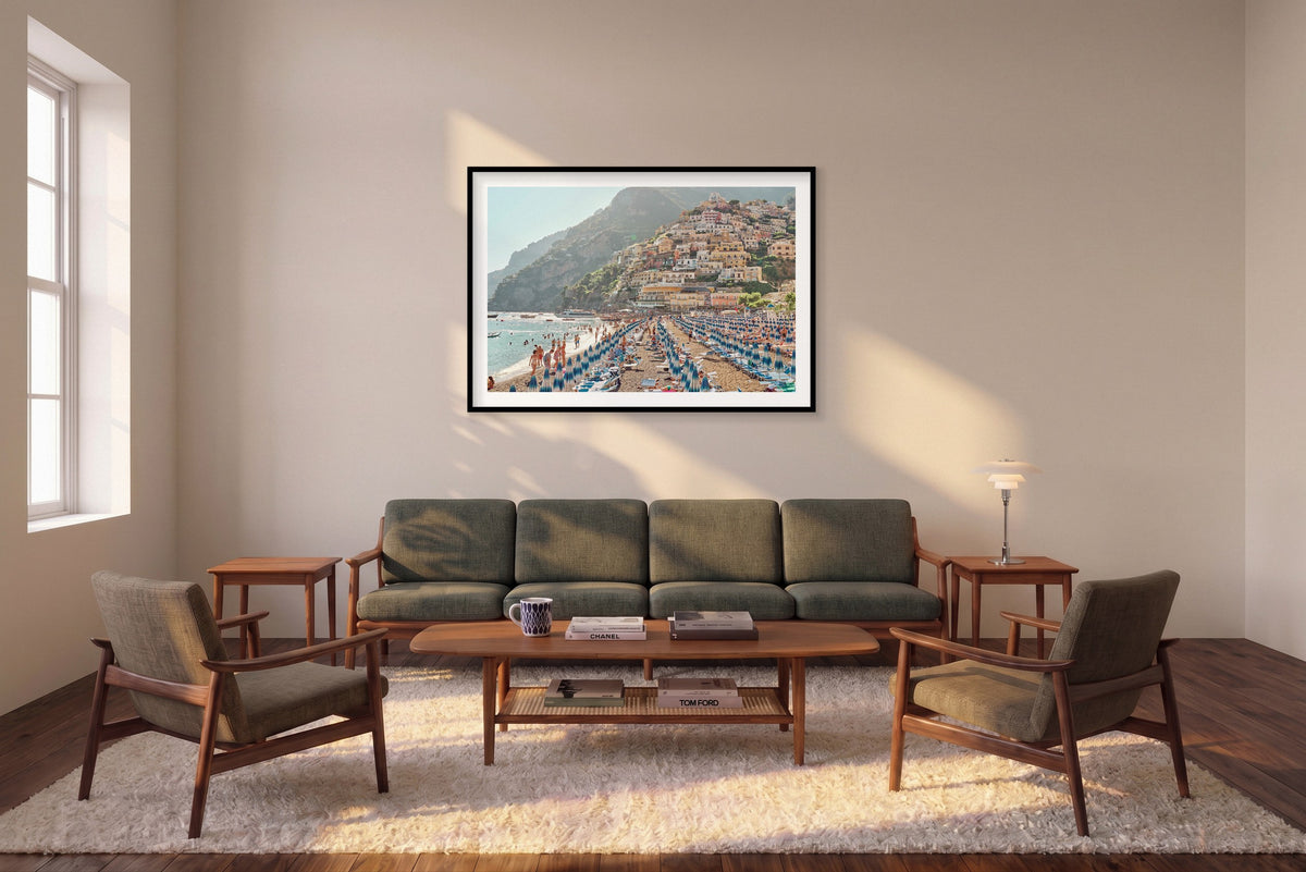Positano Afternoon, Italy, Landscape Print shown framed in a living room