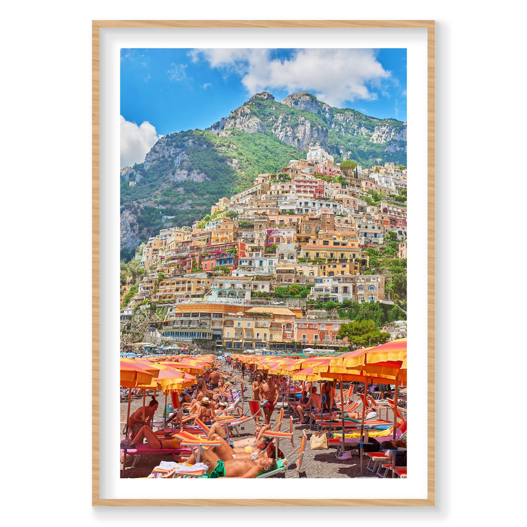 Positano Beach, Amalfi Coast, Vertical Print, natural Victorian Ash frame