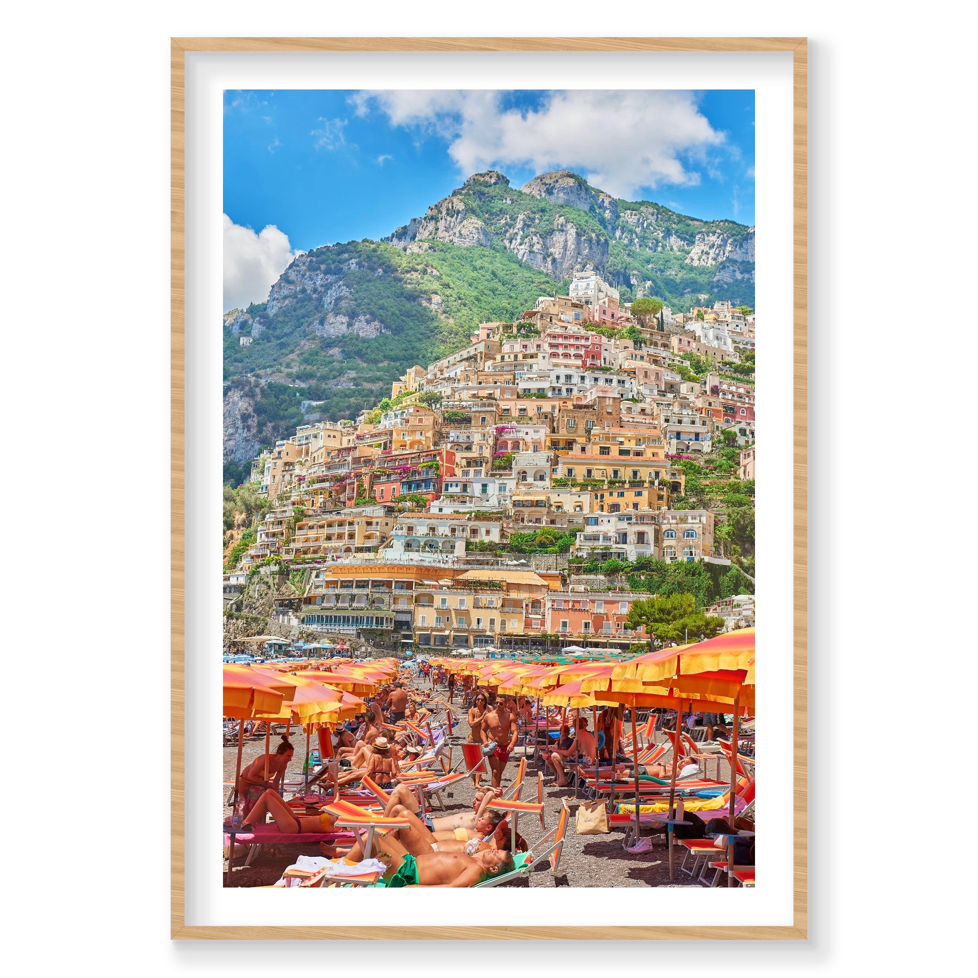 Positano Beach, Amalfi Coast, Vertical Print, natural Victorian Ash frame