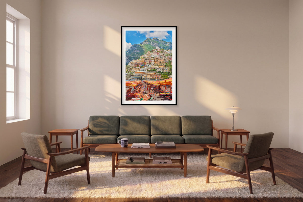 Positano Beach, Amalfi Coast, Vertical Print shown framed in a living room
