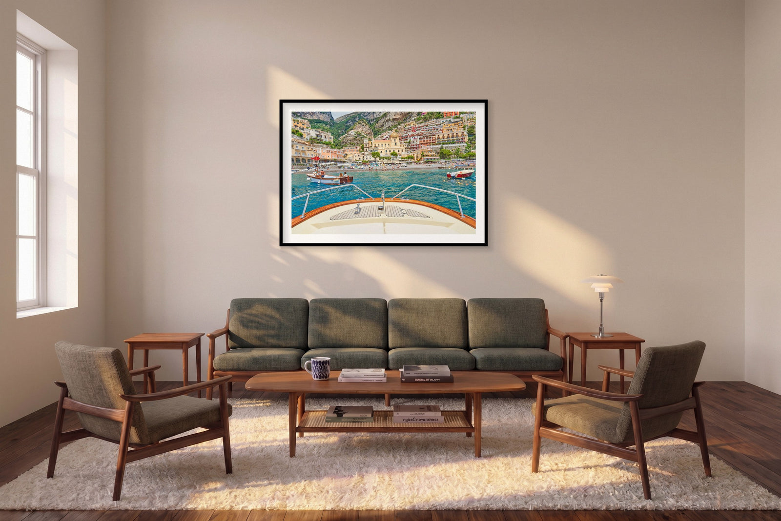Positano Boats, Amalfi Coast, Horizontal Print shown framed in a living room