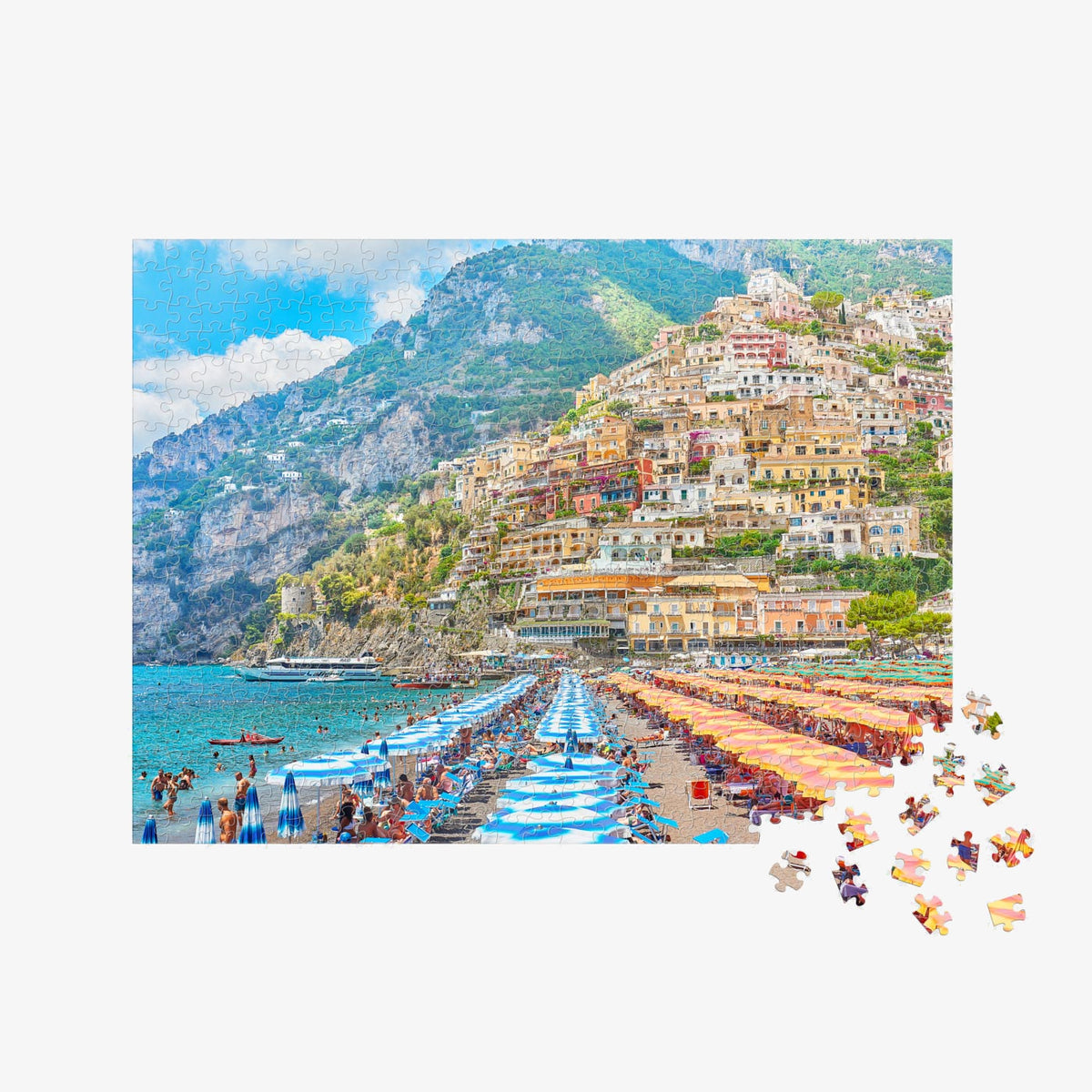 Positano coastal village with colorful cliffside buildings and blue beach umbrellas, 500 piece jigsaw puzzle by Remy Gerega